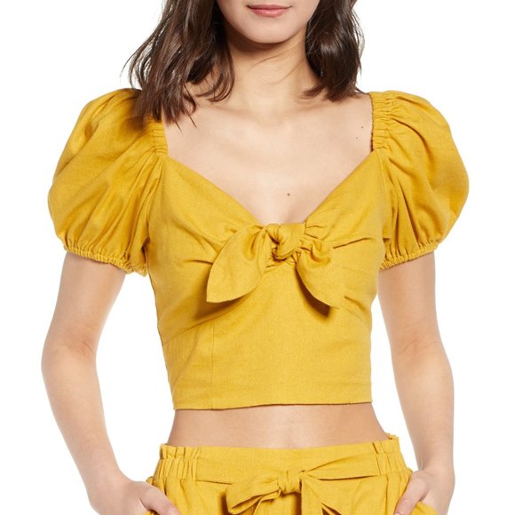 NWT Band of Gypsies Boho Yellow Tie Front Short Balloon Sleeves Linen Top, XS - Picture 4 of 7
